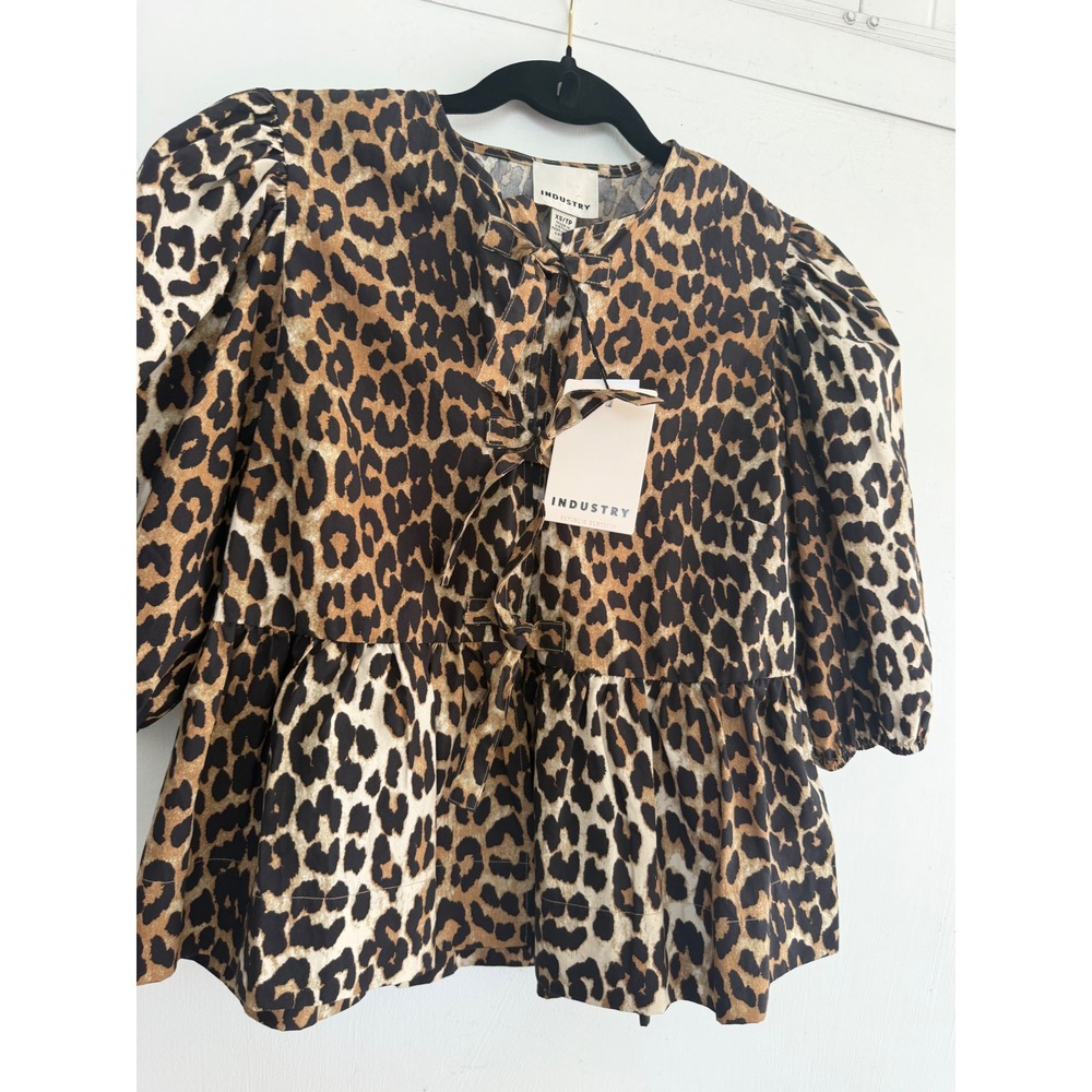 Industry Republic Clothing Leopard Print Tie Front Peplum Puff Sleeve Top XS NEW